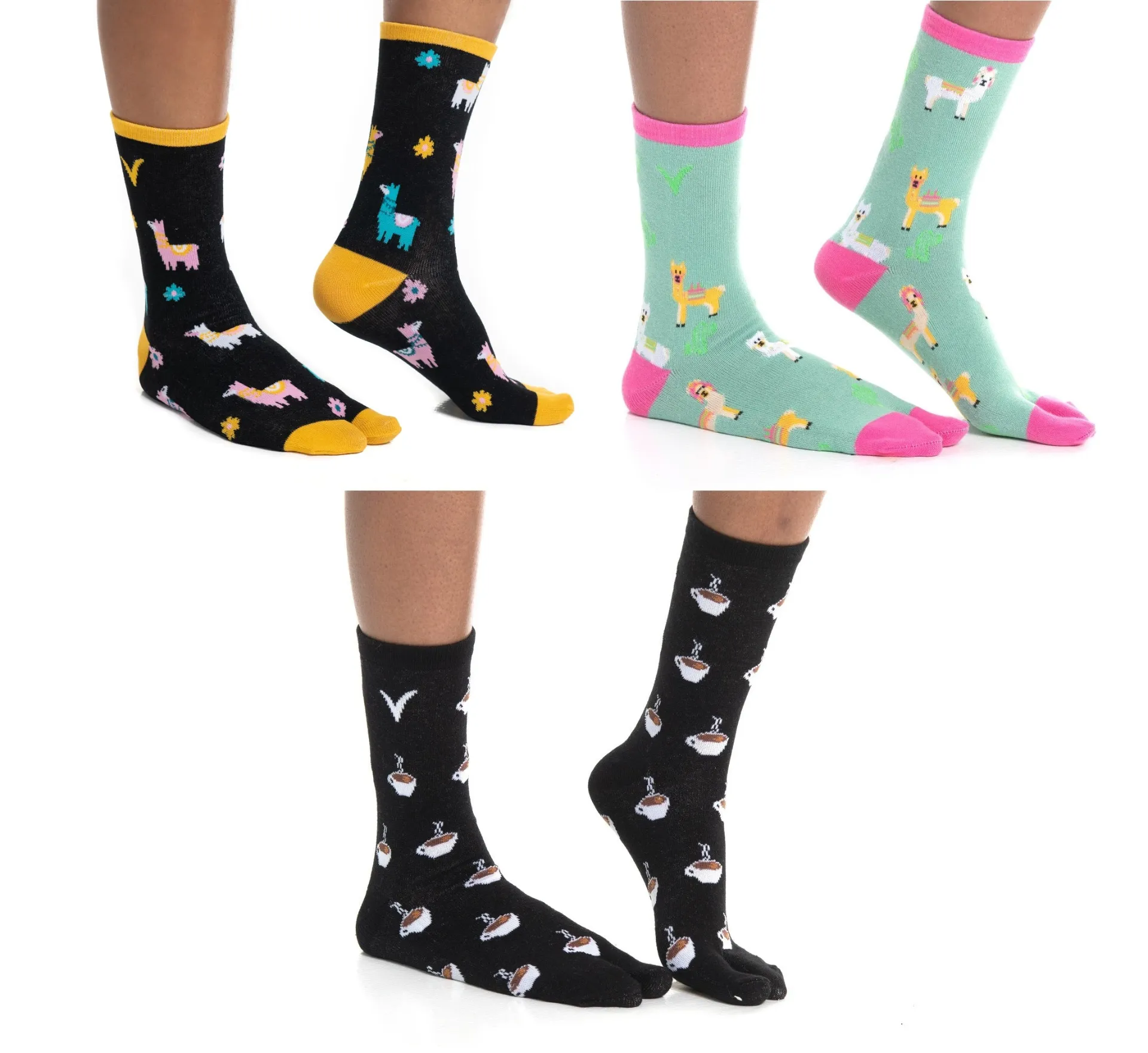 3 Pairs - V-Toe Flip Flop Tabi Big Toe Socks Llama Black, Llama Green, Coffee Cups