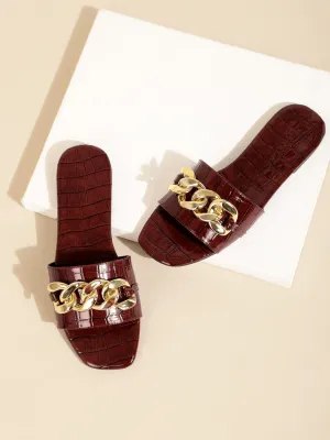 Brown Croc PU Gold Chain Slides (TC-ST-1175-BROCROC)