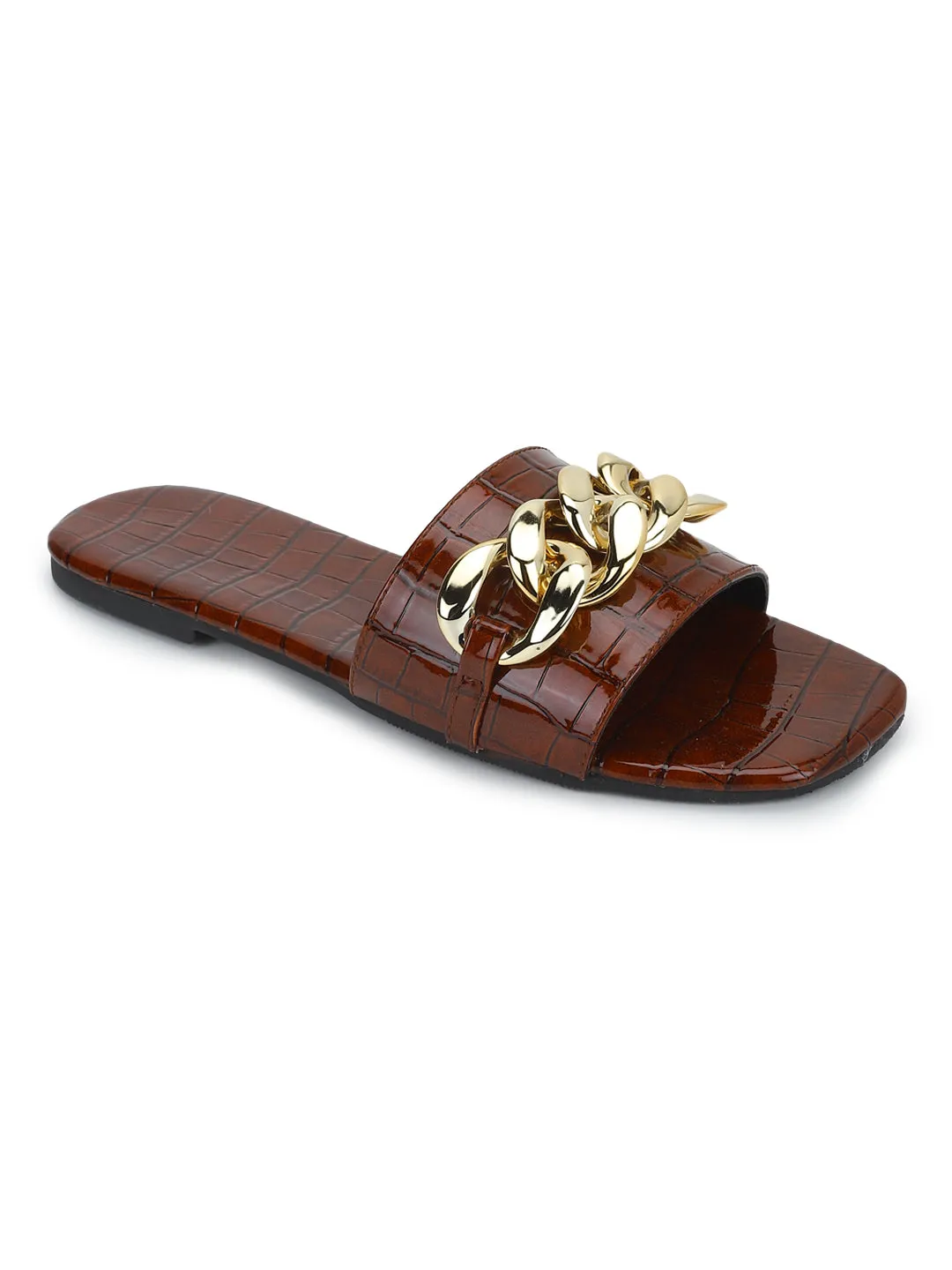 Brown Croc PU Gold Chain Slides (TC-ST-1175-BROCROC)