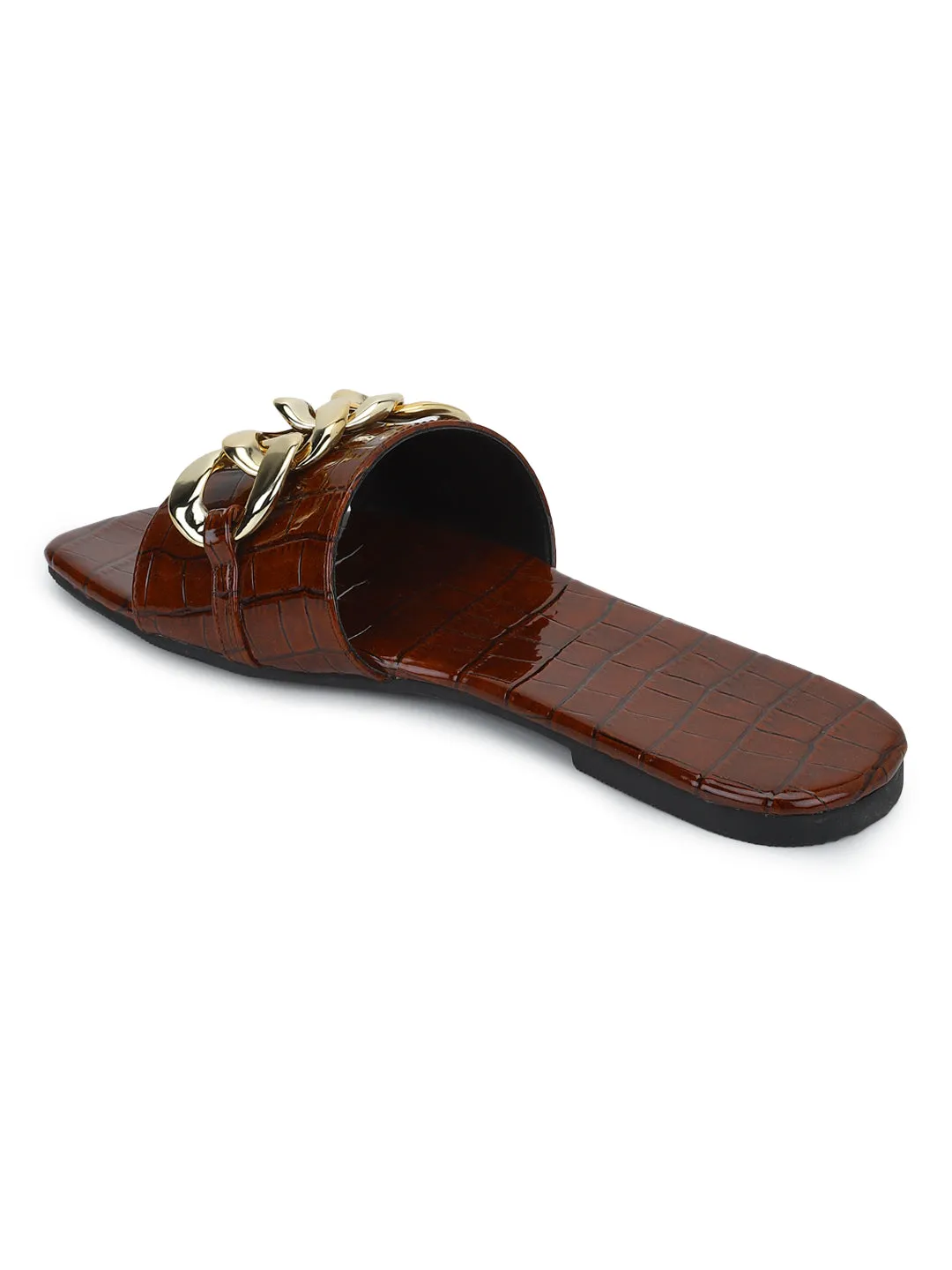 Brown Croc PU Gold Chain Slides (TC-ST-1175-BROCROC)