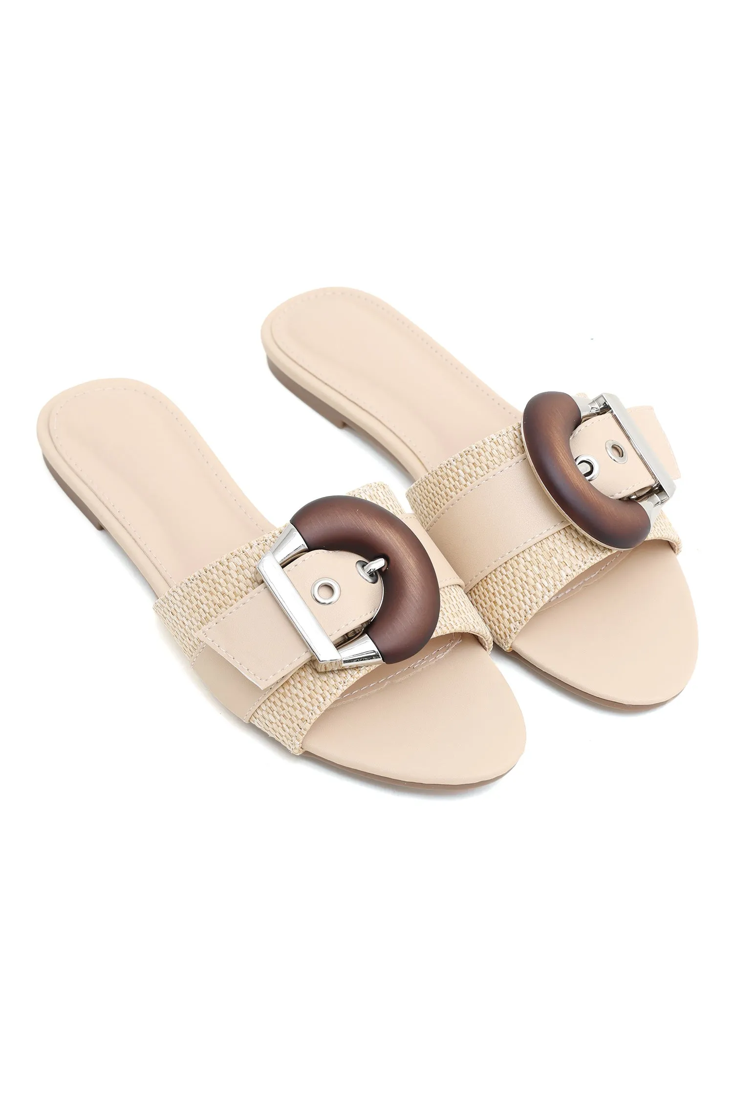 BUCKLE BLISS SLIDES-BEIGE