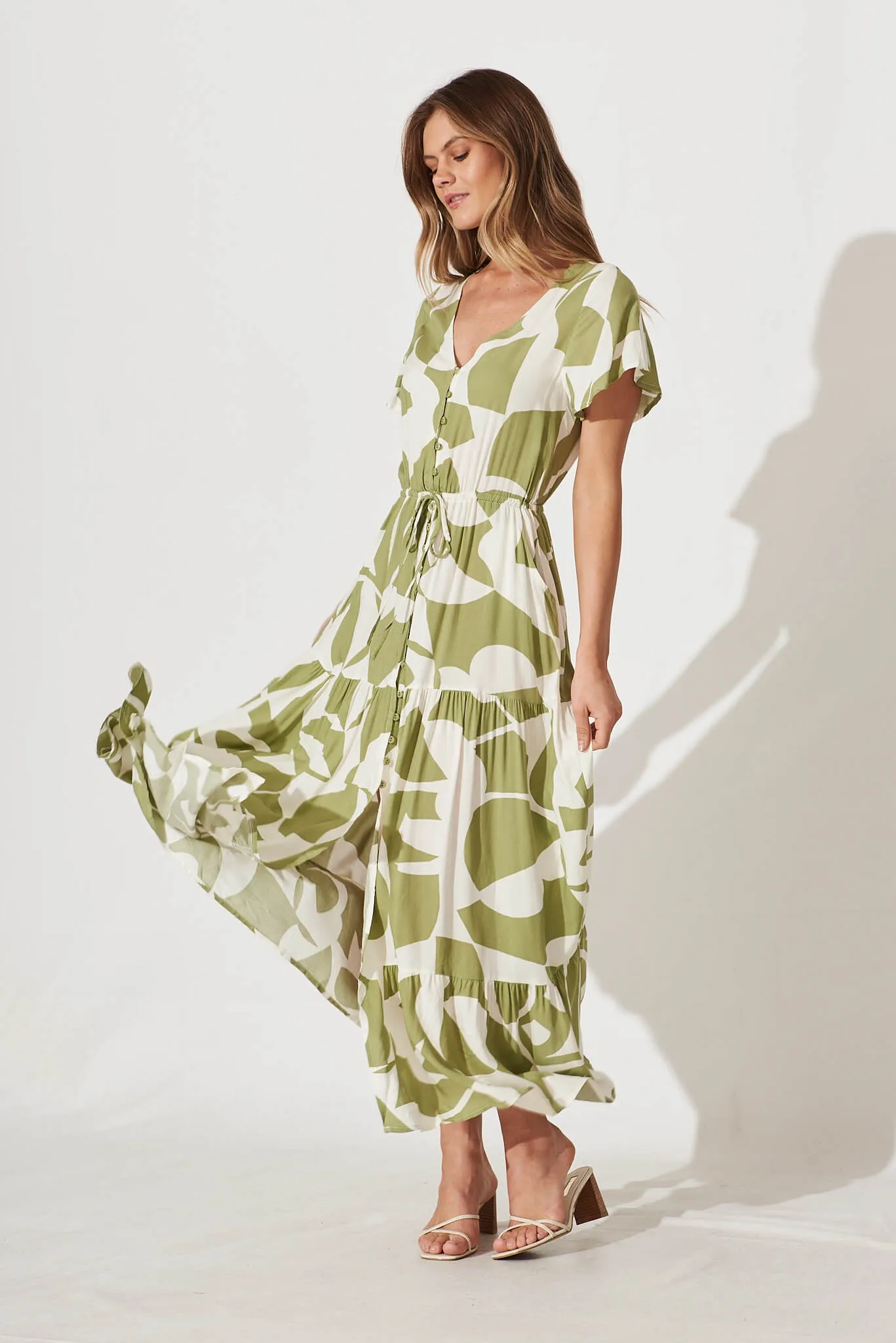 Clairie Maxi Dress In Olive And Cream Geometric Print