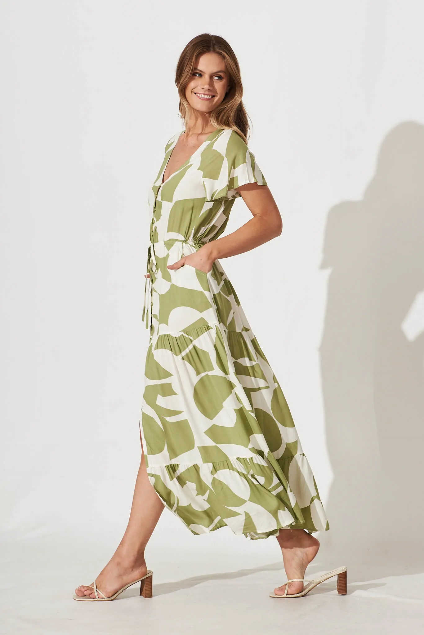 Clairie Maxi Dress In Olive And Cream Geometric Print