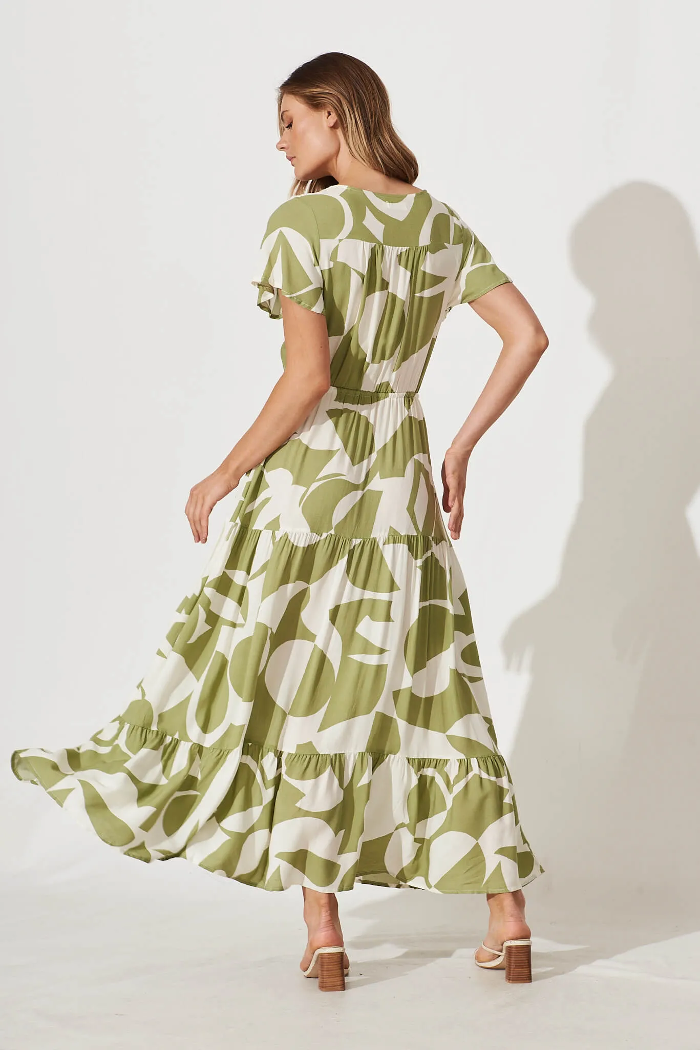 Clairie Maxi Dress In Olive And Cream Geometric Print