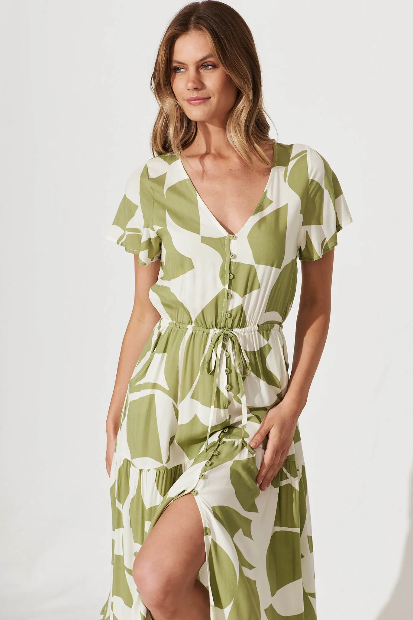 Clairie Maxi Dress In Olive And Cream Geometric Print