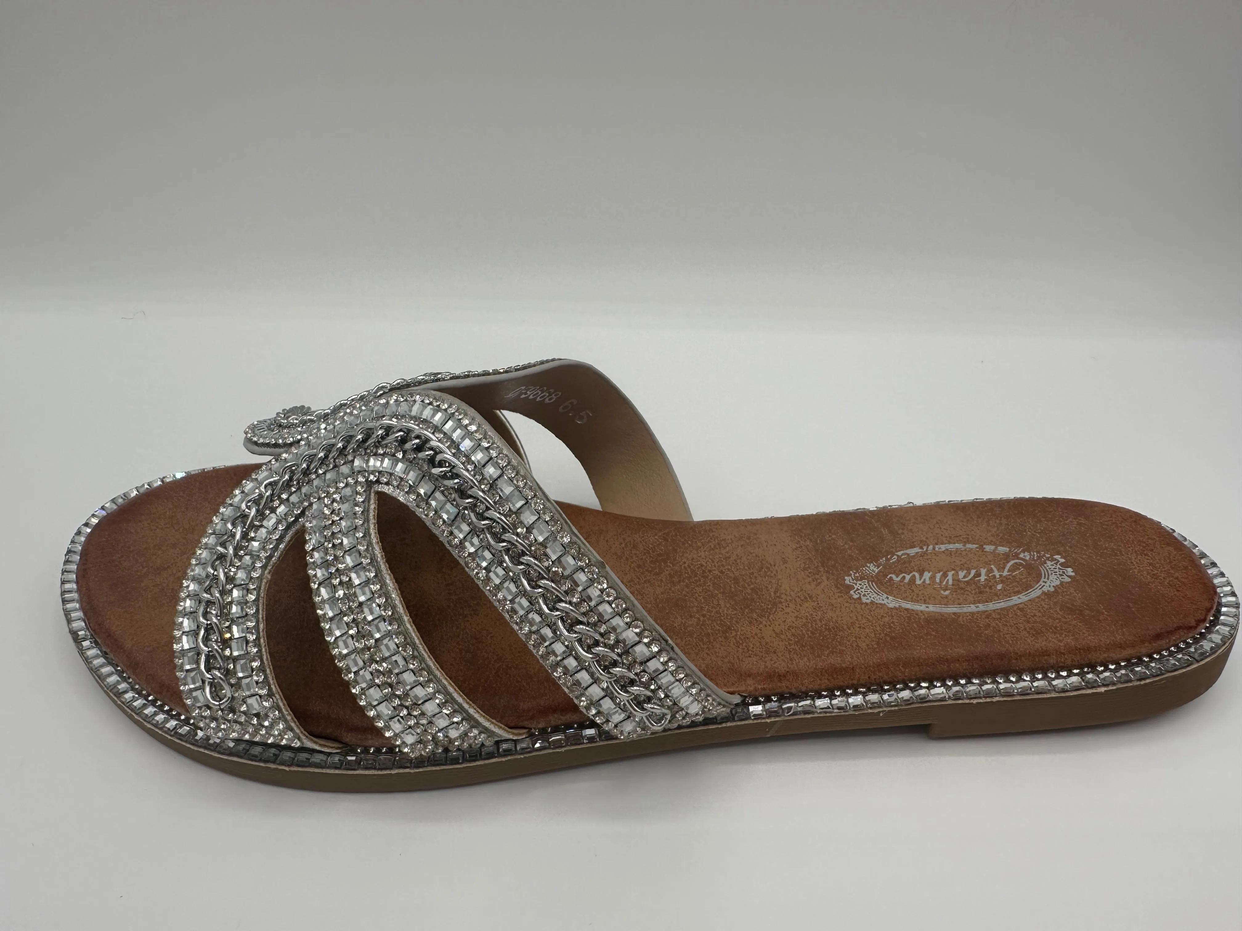 Crystal Embellished Flat Slip-On Sandals (Black/Silver)