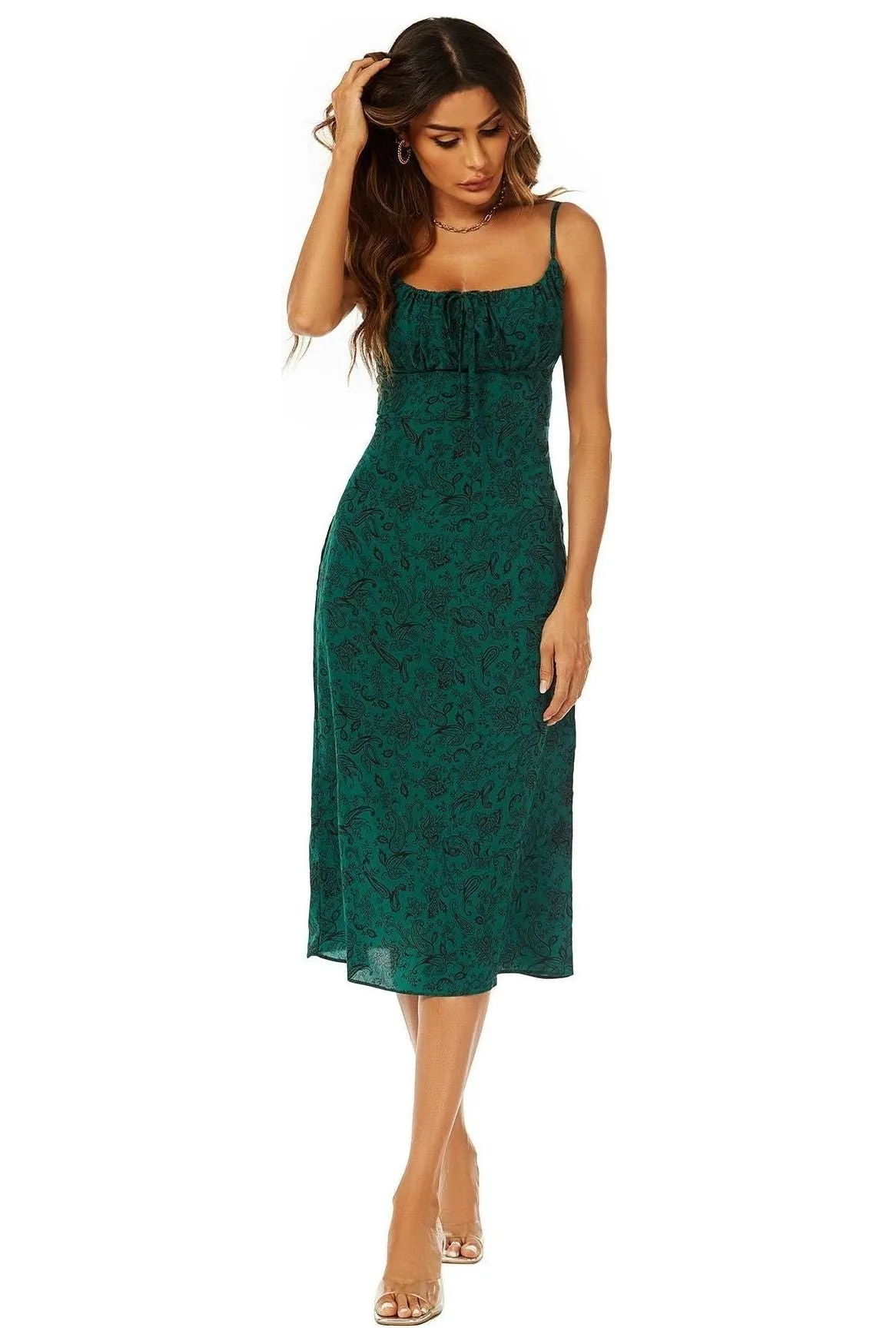 FS Collection Scoop Neckline Strappy Midi Dress With Keyhole In Green