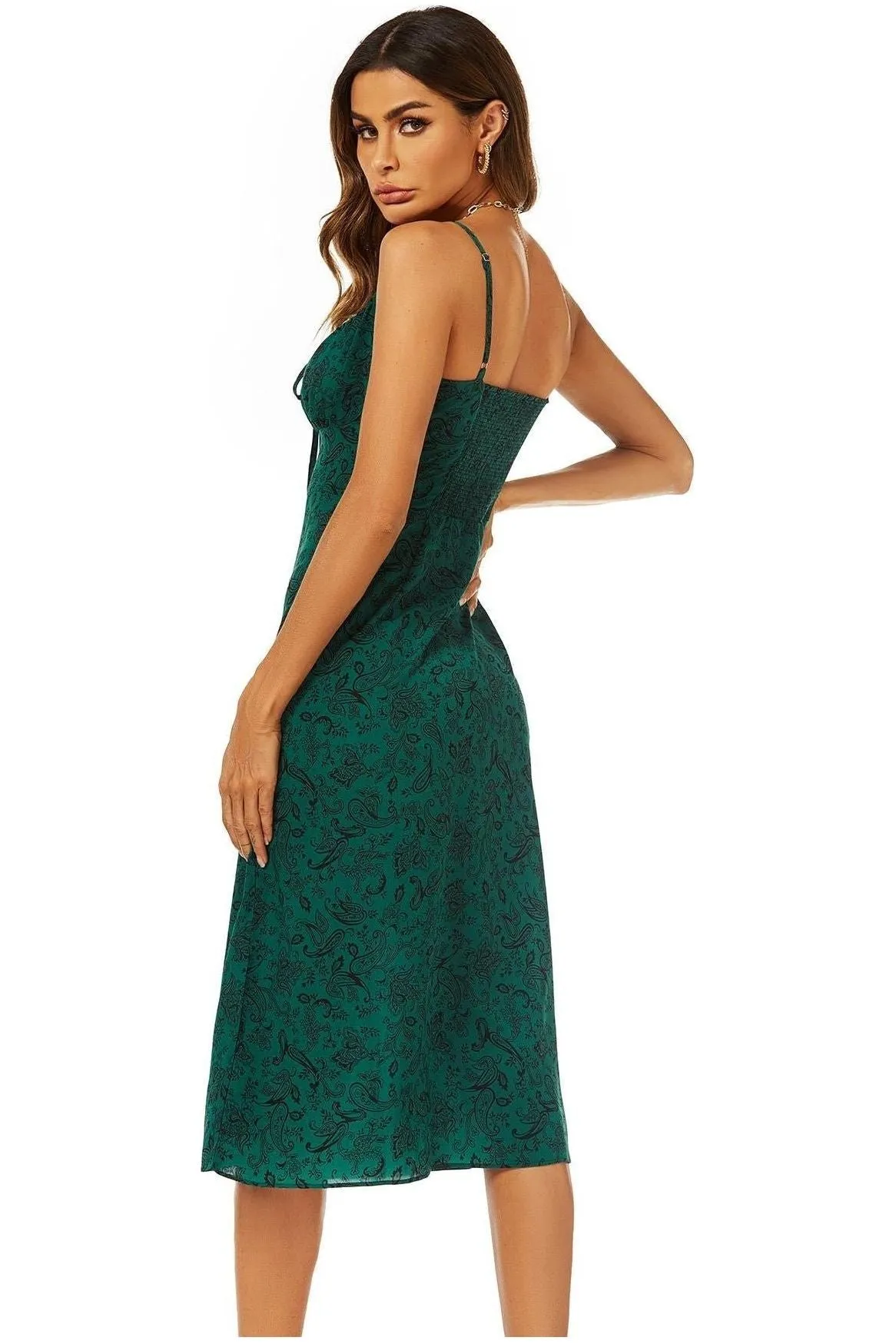 FS Collection Scoop Neckline Strappy Midi Dress With Keyhole In Green