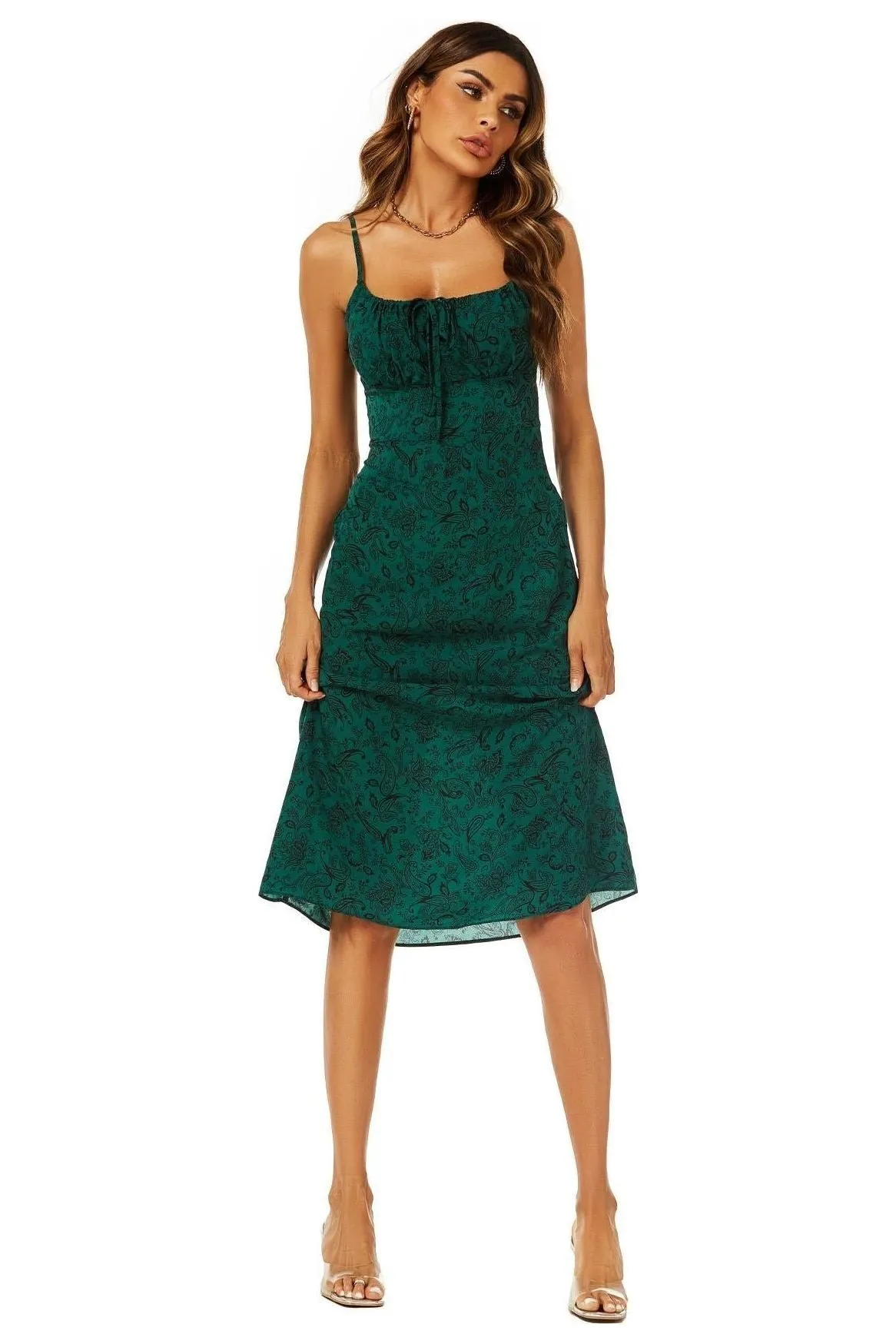 FS Collection Scoop Neckline Strappy Midi Dress With Keyhole In Green