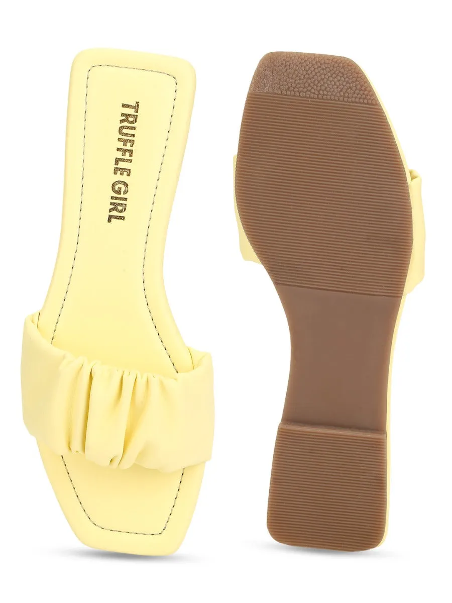 Lemon Yellow PU Wrinkled Strap Slip Ons