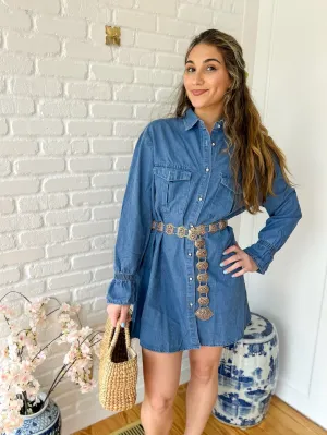 Medium Wash Long Sleeve Denim Mini Dress