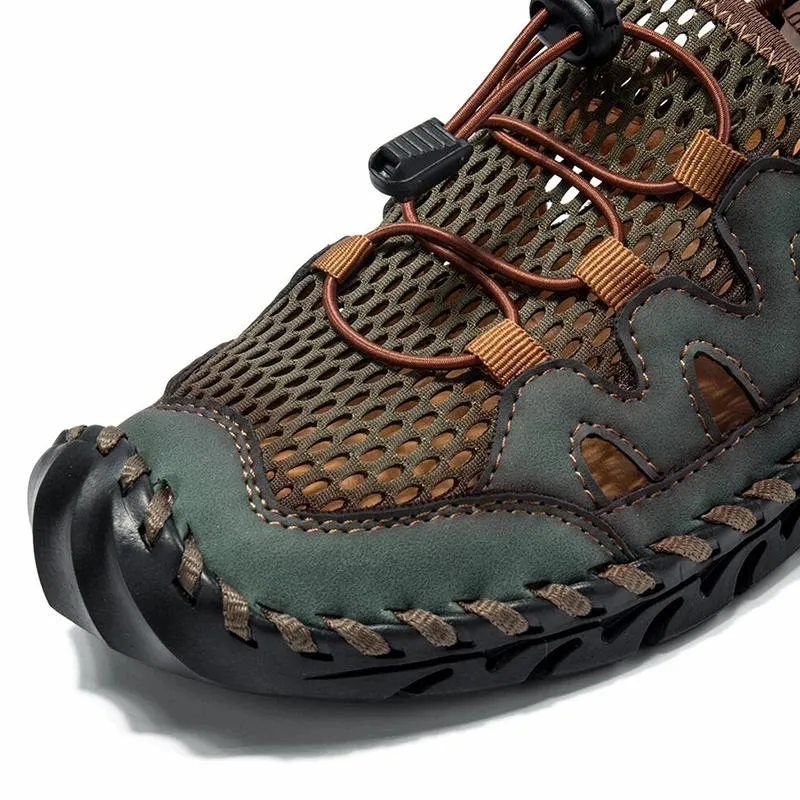 Men Genuine Leather Hand Stitching Breathable Mesh Casual Soft Sandals