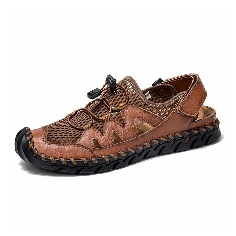 Men Genuine Leather Hand Stitching Breathable Mesh Casual Soft Sandals