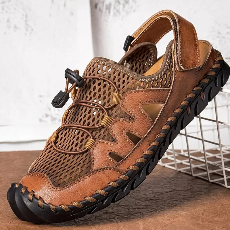 Men Genuine Leather Hand Stitching Breathable Mesh Casual Soft Sandals