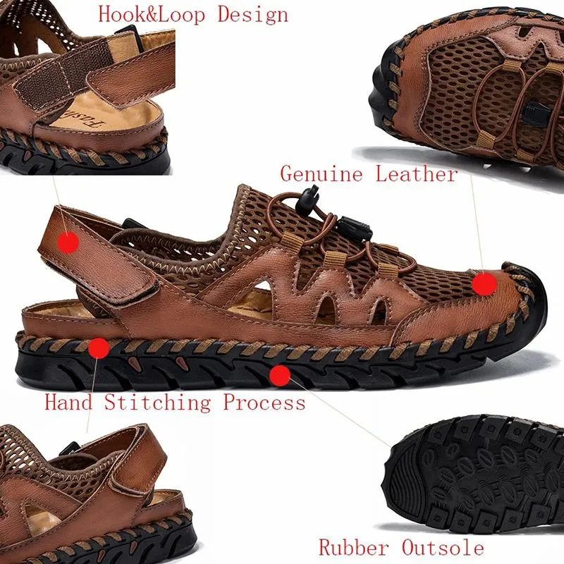 Men Genuine Leather Hand Stitching Breathable Mesh Casual Soft Sandals