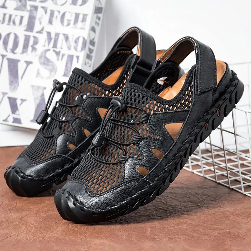 Men Genuine Leather Hand Stitching Breathable Mesh Casual Soft Sandals