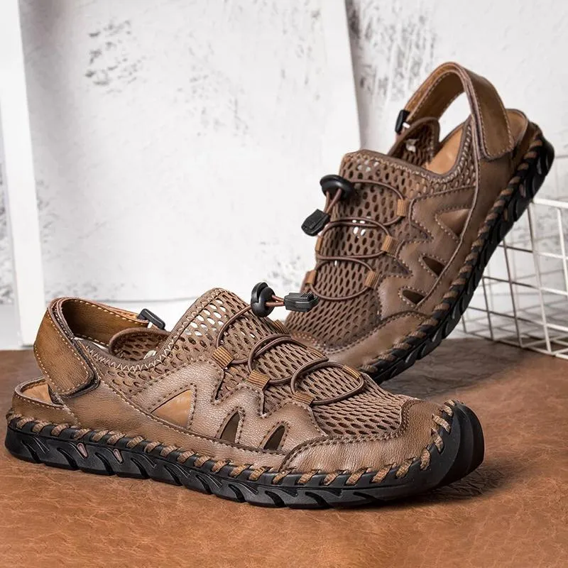 Men Genuine Leather Hand Stitching Breathable Mesh Casual Soft Sandals