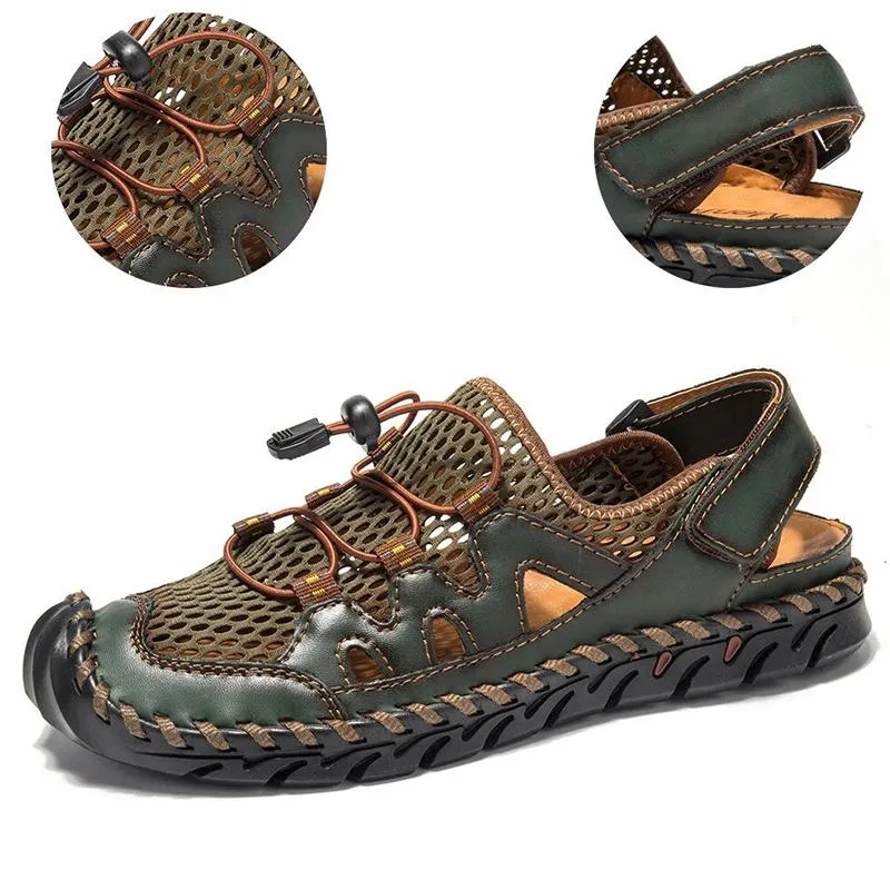 Men Genuine Leather Hand Stitching Breathable Mesh Casual Soft Sandals