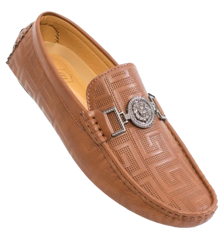 Men's Tan Fashion Design Cognac Loafer Slip-on Greek Key Printed Driver Sliver Buckle