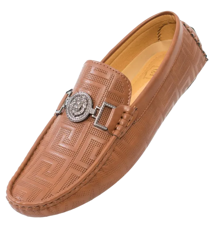 Men's Tan Fashion Design Cognac Loafer Slip-on Greek Key Printed Driver Sliver Buckle