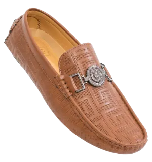 Men's Tan Fashion Design Cognac Loafer Slip-on Greek Key Printed Driver Sliver Buckle