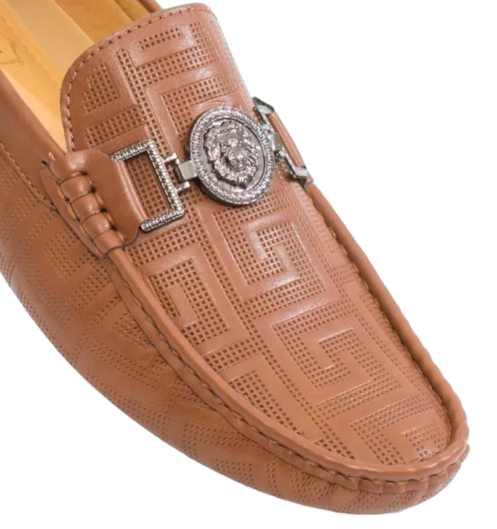 Men's Tan Fashion Design Cognac Loafer Slip-on Greek Key Printed Driver Sliver Buckle