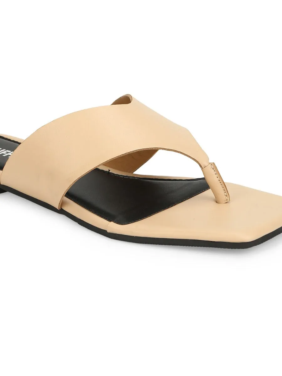 Nude PU Square Toe Flip Flop Slippers