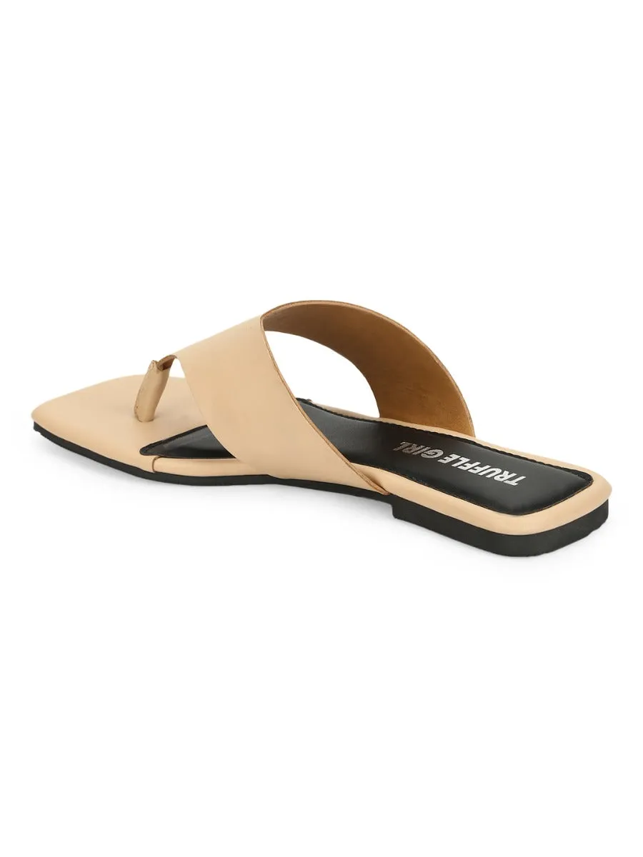 Nude PU Square Toe Flip Flop Slippers