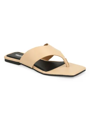 Nude PU Square Toe Flip Flop Slippers