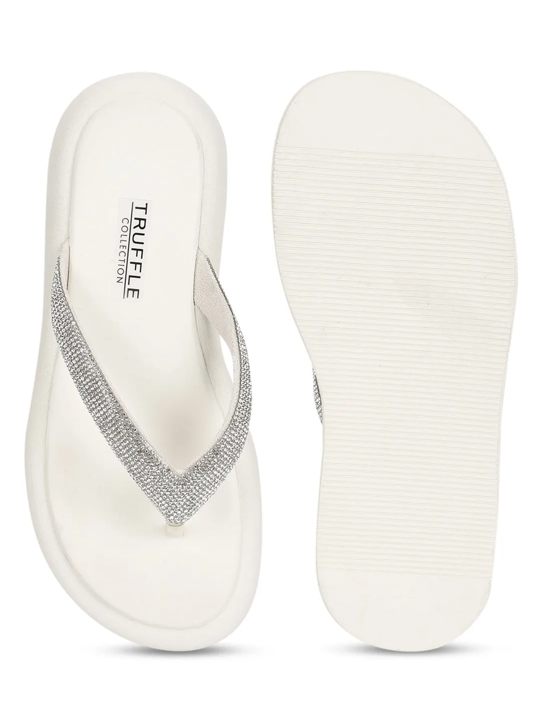 Off White PU Embellished T-Strap Stylish Flats (TC-RS3639-OWHT)