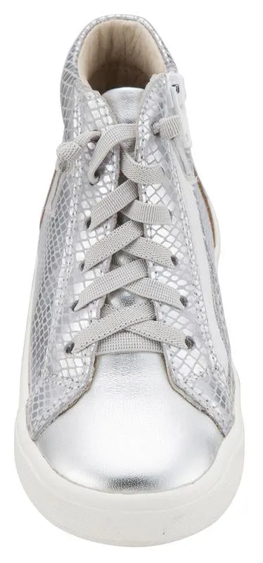 Old Soles Boy's & Girl's 6029 Ring Shoe Silver Metallic Leather Snake Print Embossed Elastic Lace Side Zipper High Top Sneaker