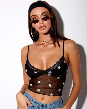 Yenika Crop Top in Black Daisy Embro White with Lace